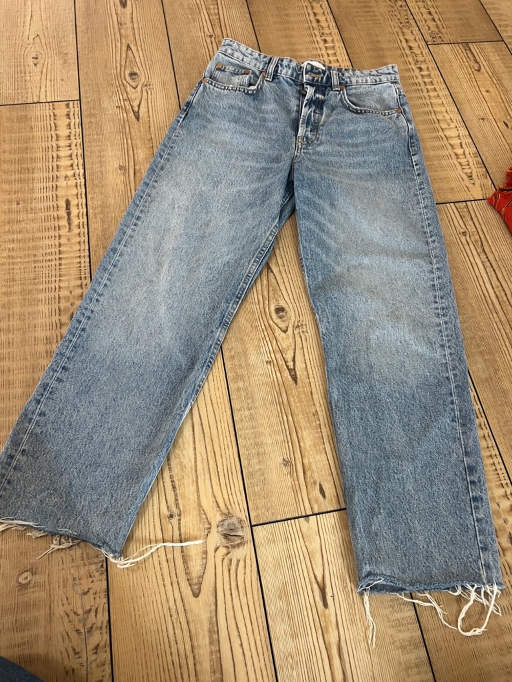 Zara White Leather Patch Detail on Light Blue Denim